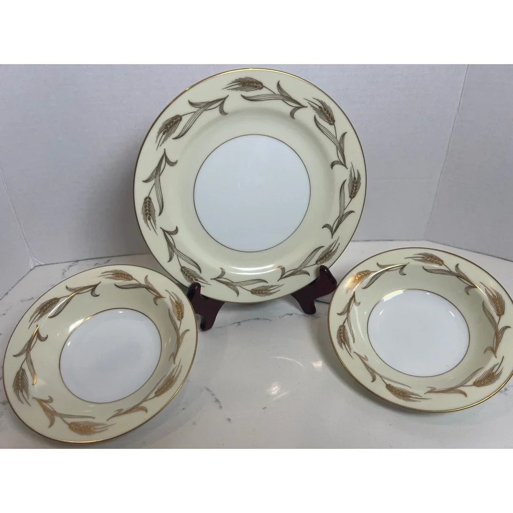 Noritake‎ China Laura 5089 Gold Wheat Salad Plate and Fruit Bowls Set of 3 Japan